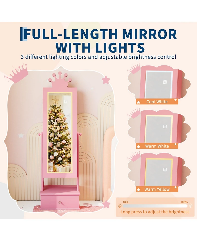 homfan Kids Jewelry Armoire Cabinet, Standing Organizer with Full-Length Mirror, 3 Storage Drawer, Vanity and Dress-Up for Girls