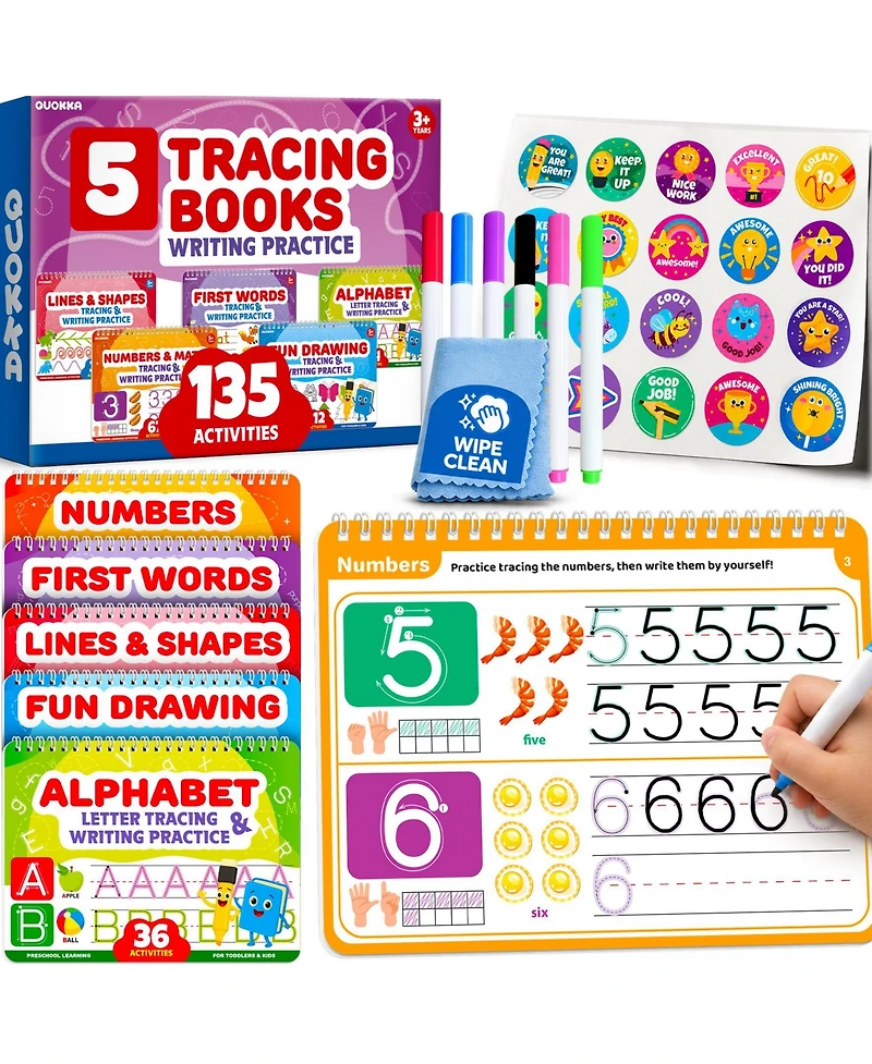 Quokka Tracing Books for Kids Ages 3-5 - Dry Erase Activity Books for Kids Ages 3-5 - Writing Practice Workbook with Markers