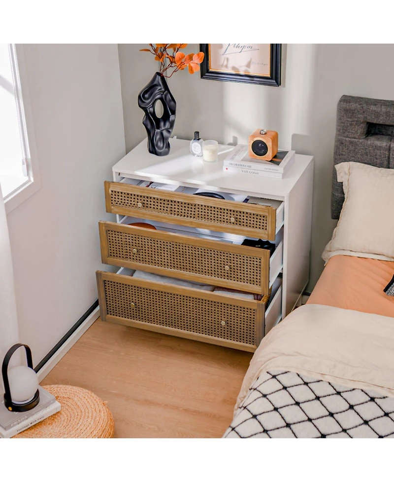Gouun 3-Drawer Rattan Dresser Chest with Anti-Toppling Device