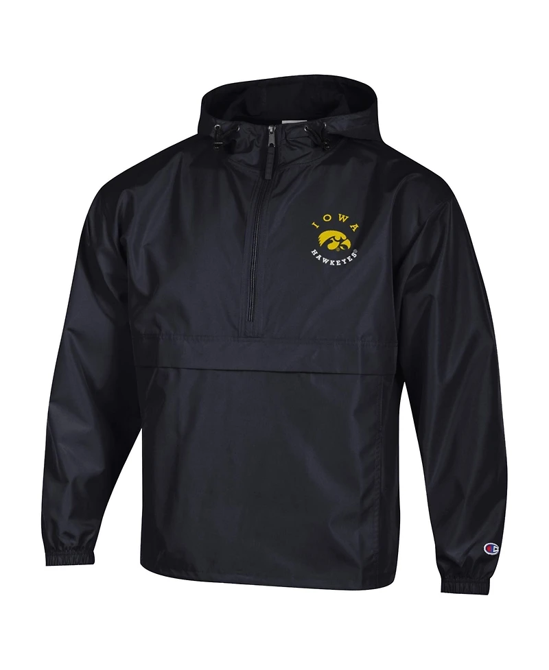 Champion Men's Black Iowa Hawkeyes Packable Hooded Windbreaker Half-Zip Jacket