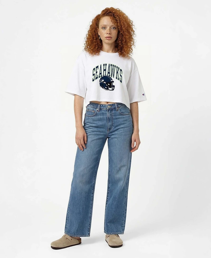 Champion Women's White Seattle Seahawks Boyfriend Cropped T-Shirt