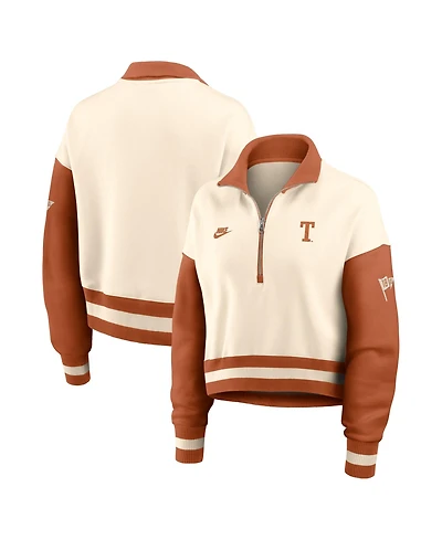 Nike Women's Natural/Texas Orange Texas Longhorns Oversized Legacy Color Block Cropped Quarter-Zip Pullover Sweatshirt