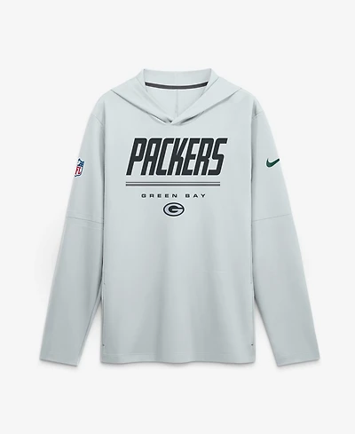 Nike Men's Platinum Green Bay Packers Sideline Lightweight Long Sleeve Hooded Dri-fit T-Shirt