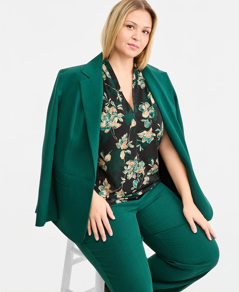 Kasper Plus Floral Funnel-Neck Cap-Sleeve Blouse