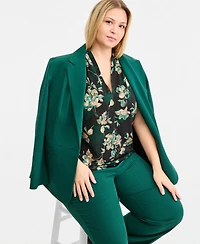 Kasper Plus Floral Funnel-Neck Cap-Sleeve Blouse