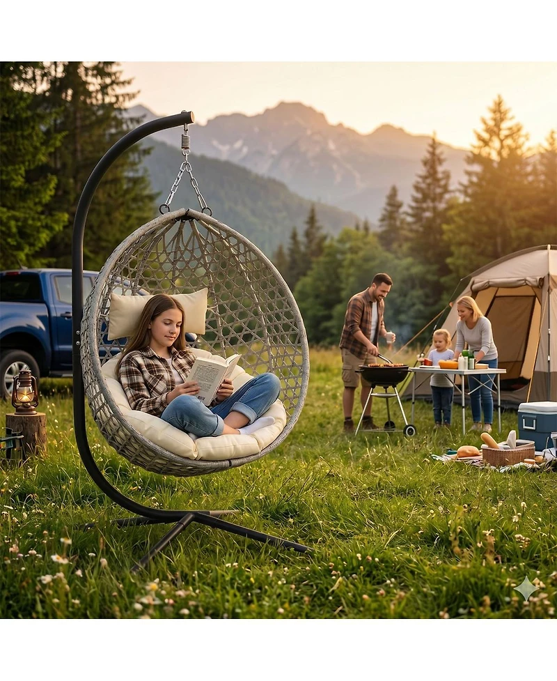 Asagikoiai Folding Pe Rattan Outdoor Hanging Egg Chair with Stand, Patio Hammock Swing
