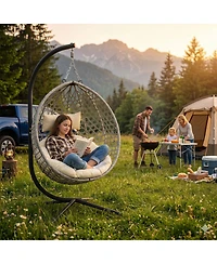 Asagikoiai Folding Pe Rattan Outdoor Hanging Egg Chair with Stand, Patio Hammock Swing