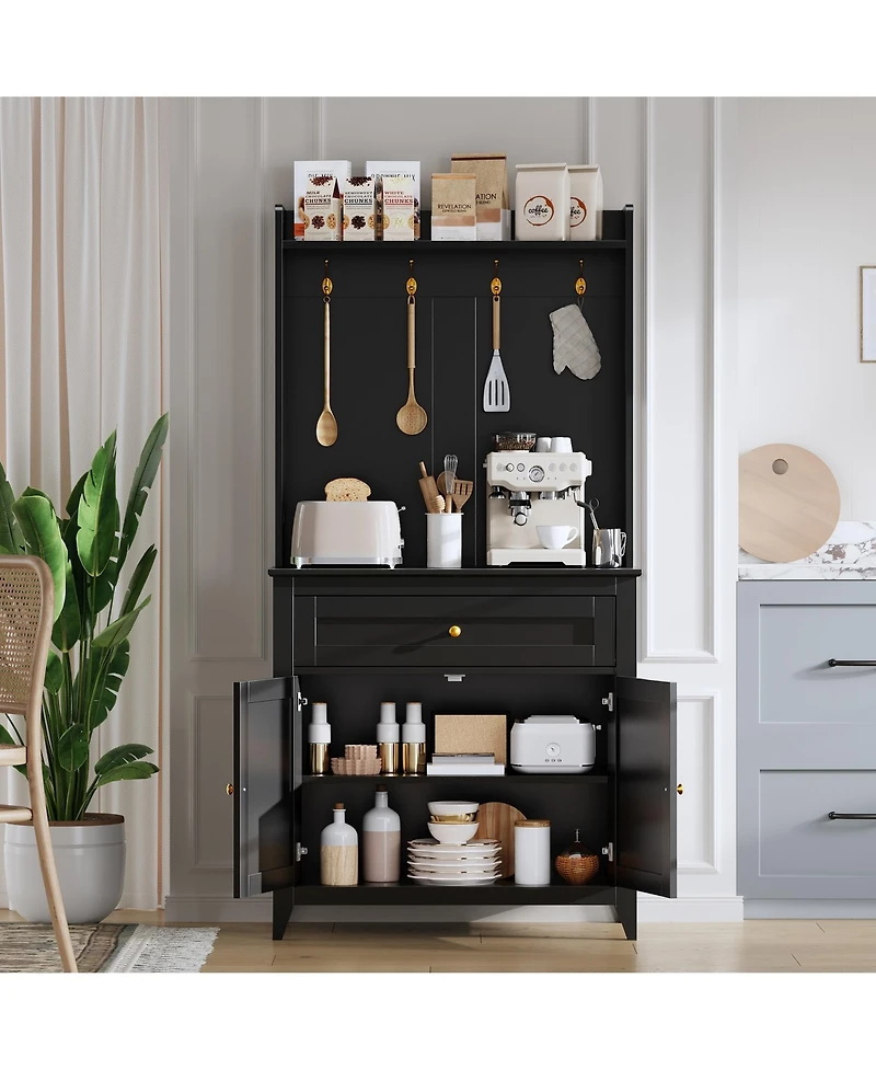 homfan Pantry Storage Cabinet with Built Outlets and Usb Ports, Adjustable Shelving, Drawer Hooks Durable Kitchen Coffee Bar Organizer