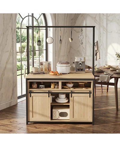 homfan 42" x 31" x 71" Barn Door Kitchen Storage Cabinet with Shelves, Engineered Wood Pantry Cabinet with Iron Frame, Wood Color
