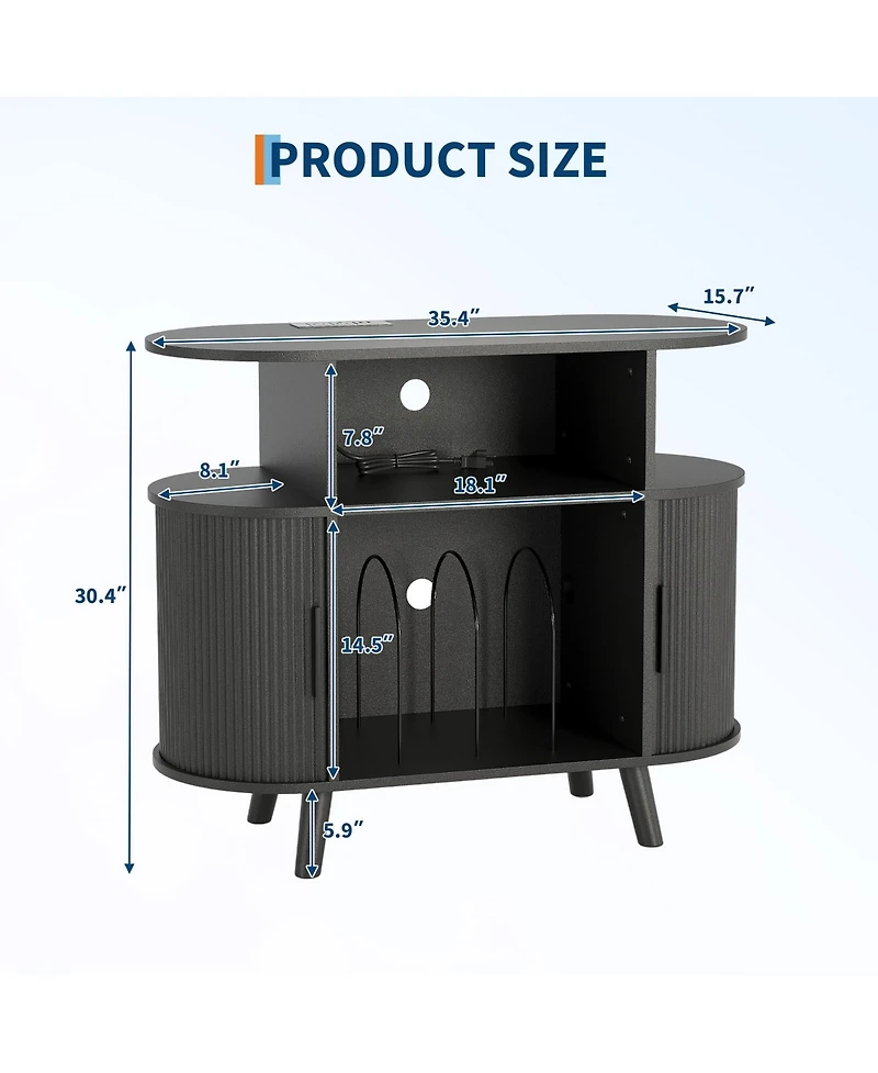 homfan Mid-Century Fluted Turntable Cabinet, 35 Inch Arched Record Player Stand with Charging Station and Display Shelf