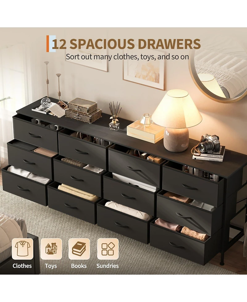 homfan 12 Drawer Dresser, 70 Inch Fabric Wide Chest of Drawers with Tv Stand for 80 Bedroom/ Living Room / Entryway