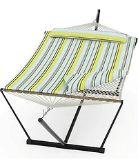 gaomon Double Hammock with Stand – 2-Person Cotton Rope Hammock with Polyester Quilted Pad and Pillow, 475 Lbs Capacity Portable Hammock for Garden