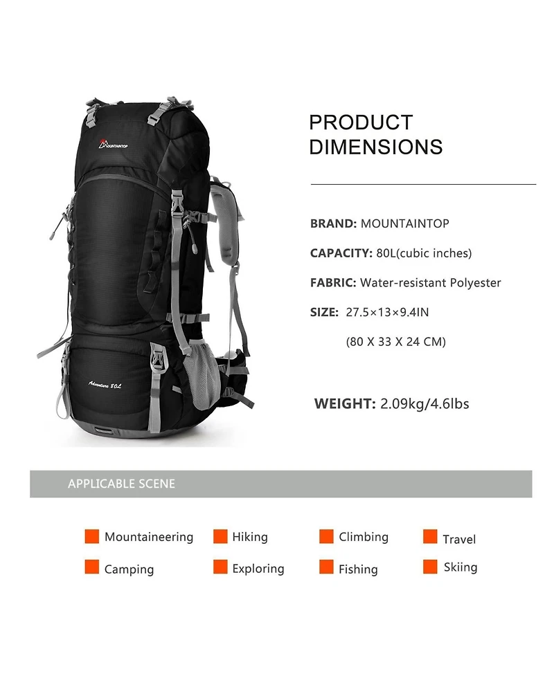 Mountaintop 80 Liter Internal Frame Backpack for Man and Women Backpacking Hiking