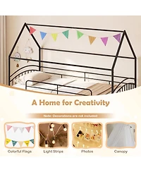 Gymax House Bunk Bed Frame with Metal Slats Reversible Ladder and Slide for Bedroom