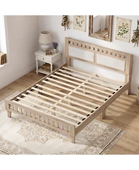 Gymax Queen Wood Bed Frame With Upholstered Headboard Solid Wood Leg Wooden Slat Support