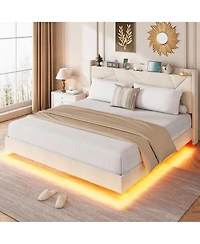 homfan Modern Floating Bed with Led Lights, Charging Station, Upholstered Platform, Storage Headboard, Metal Slats, No Box Spring Needed