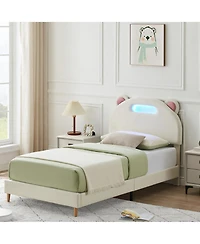 homfan Twin Upholstered Platform Led Bed Frame with Lights, Wooden Slats, No Box Spring Required, Noise-Free, Easy Assembly
