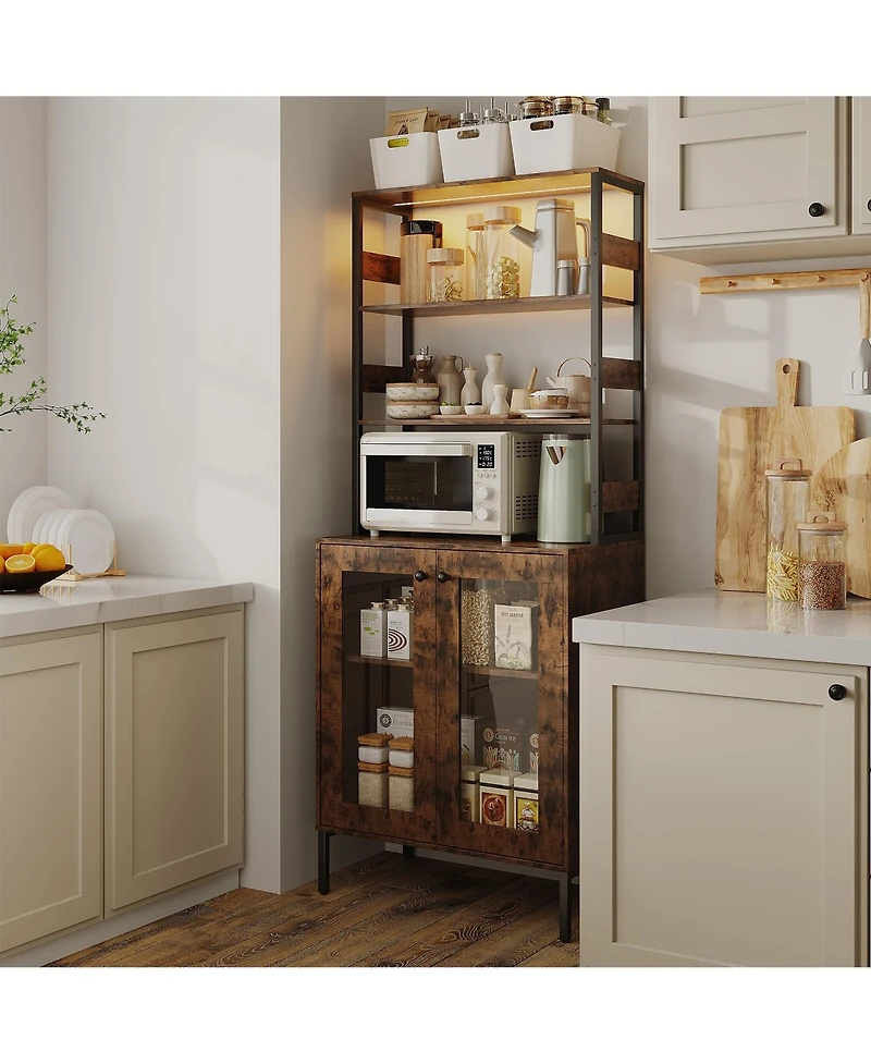 homfan 67-Inch Farmhouse Bakers Rack with Power Outlet and Led Lights, Coffee Bar Cabinet Storage