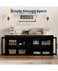 homfan 70.8" Mid Century Modern Sideboard Buffet Cabinet, 4 Glass Doors for Living Room Kitchen