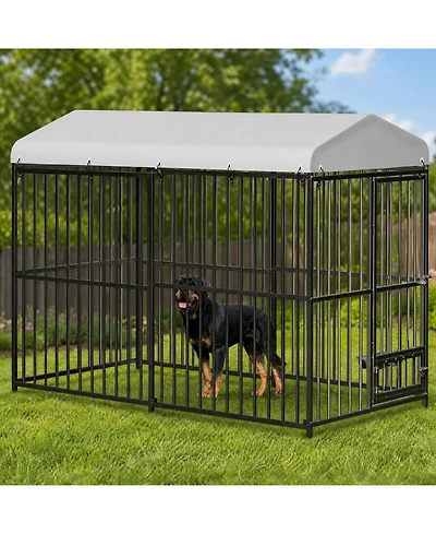 homfan Outdoor Dog Kennel Heavy Duty Metal Cage with Waterproof Roof and Security Lock, Feeding Door and Bowl for Large Dogs