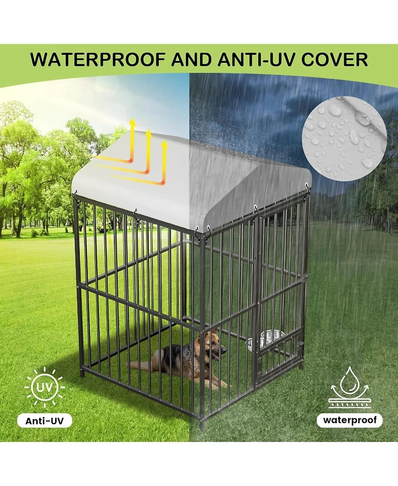 homfan Outdoor Dog Kennel Heavy Duty Metal Cage with Waterproof Roof, Security Lock, Feeding Door and Bowl for Large Dogs