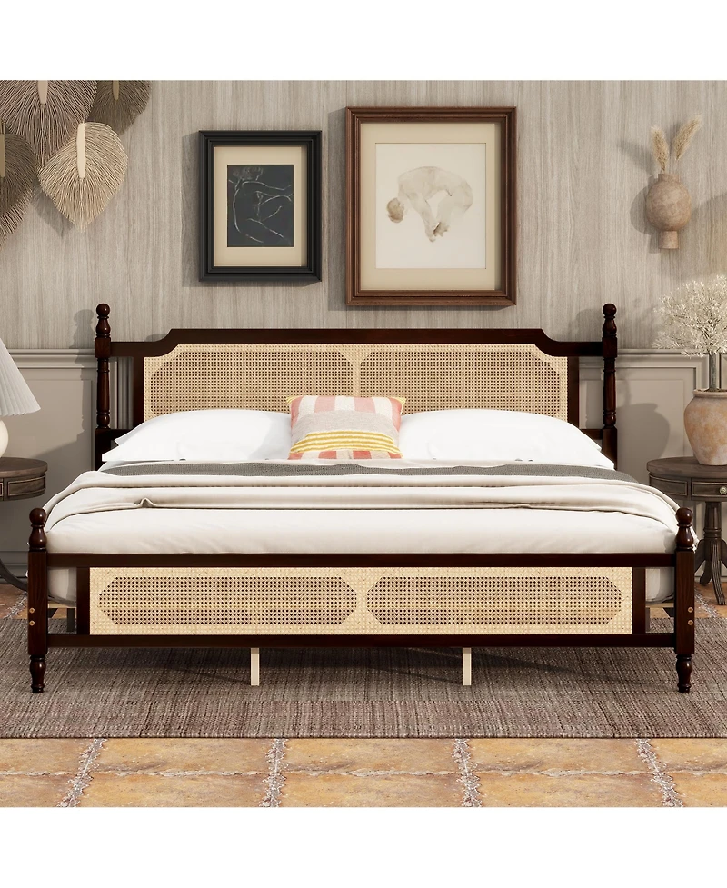 Sailvan Pine wooden Bed with Rattan Headboard and Footboard, Central Enhanced Bed Platform