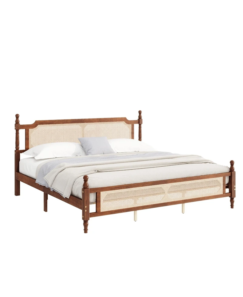 Sailvan Pine wooden Bed with Rattan Headboard and Footboard, Central Enhanced Platform