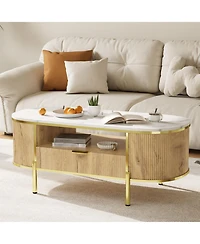 homfan Modern Oval Fluted Coffee Table, Faux Marble Top, 2-Tier Storage Shelf, Drawer, Metal Legs, Elegant Center Table for Living Room, Apartment