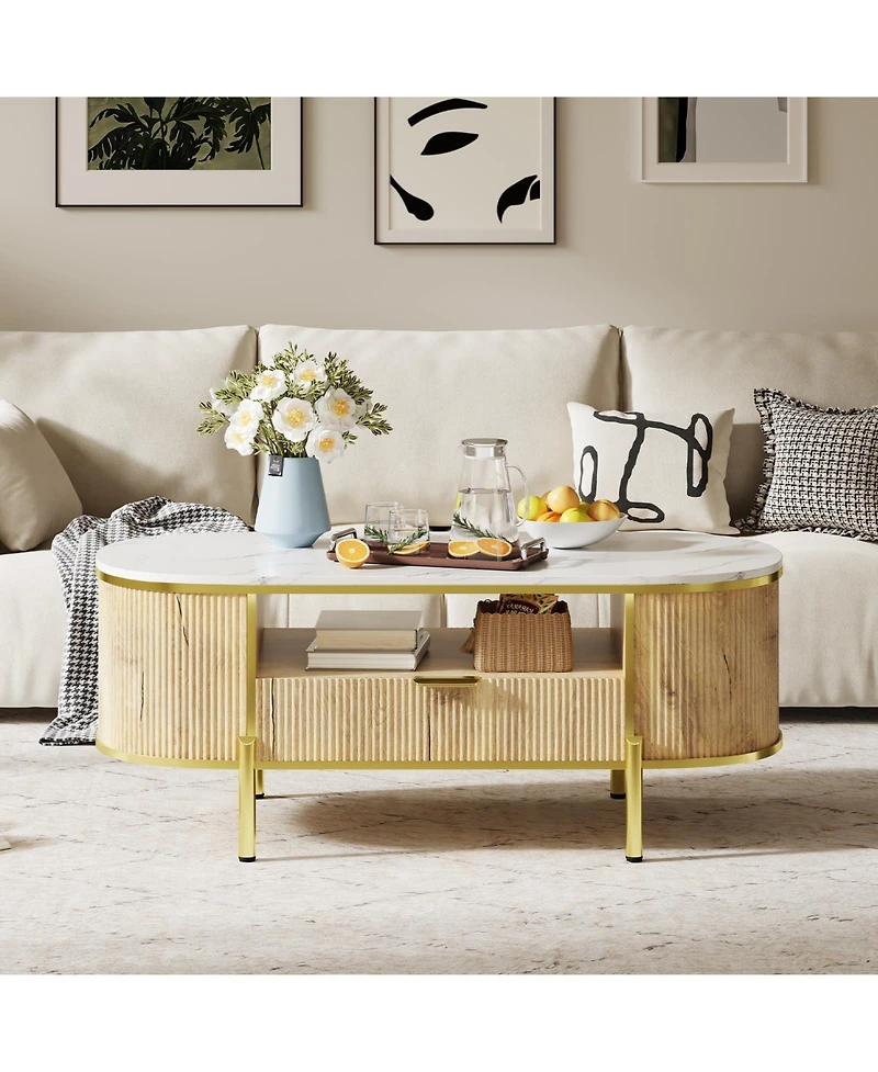 homfan Modern Oval Fluted Coffee Table, Faux Marble Top, 2-Tier Storage Shelf, Drawer, Metal Legs, Elegant Center Table for Living Room, Apartment