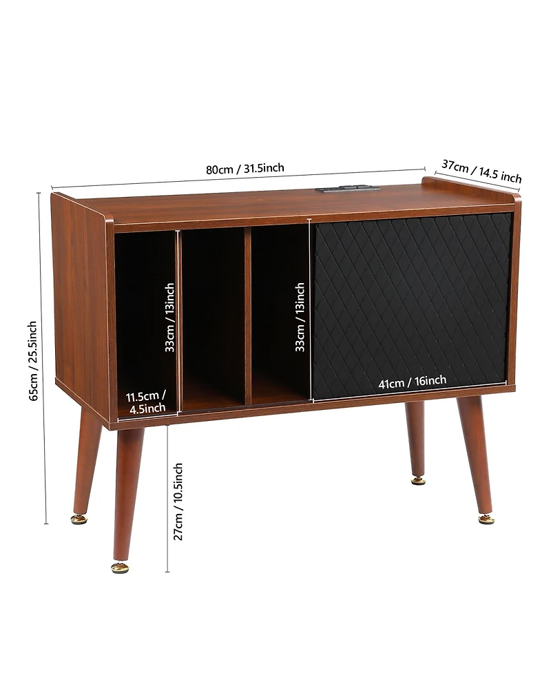 homfan Rustic Wooden Record Player Stand with Sliding Door and Led Light - Turntable Cabinet Table with Power Outlet