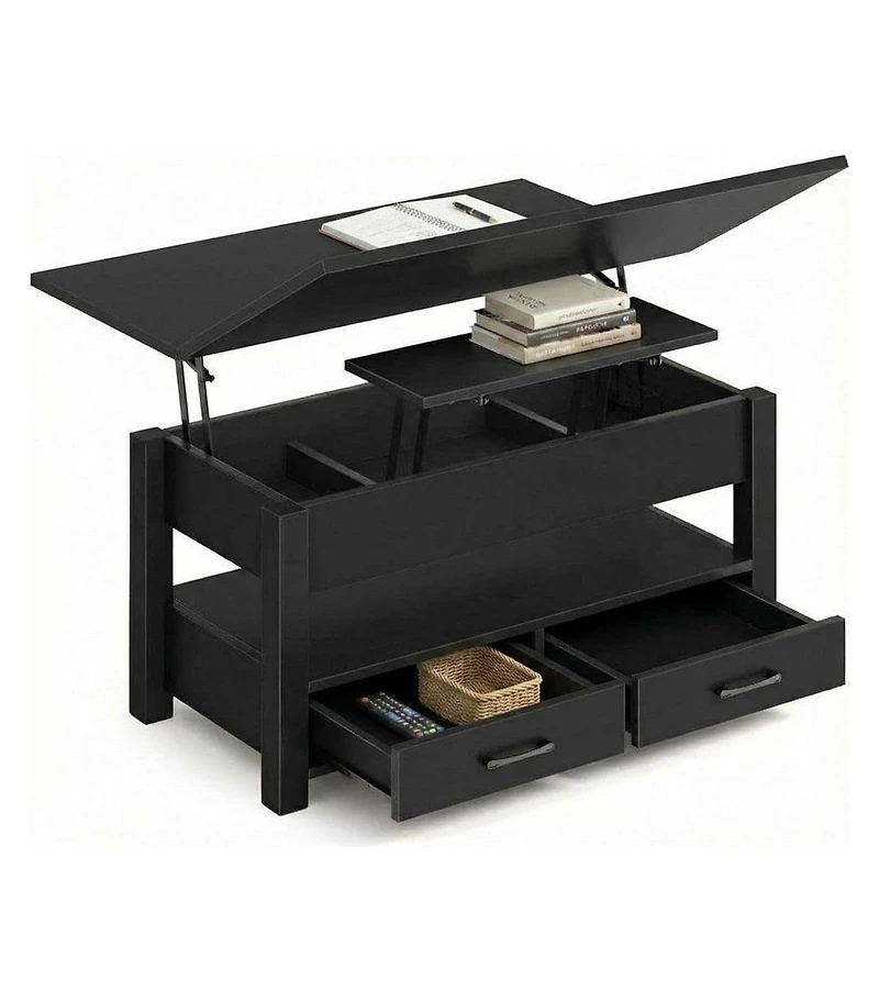 homfan Lift Top Coffee Table with Storage, Split Lift Design, 2 Drawers and Hidden Compartment, Center Table with Adjustable Height Wooden Tabletop