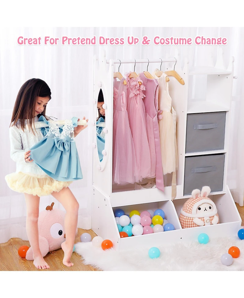 gaomon Kids Dress Up Armoire For Girls With Light, Mirror, Clothing Rack, Storage Bin And Open Hanging Wardrobe For Bedroom Or Playroom