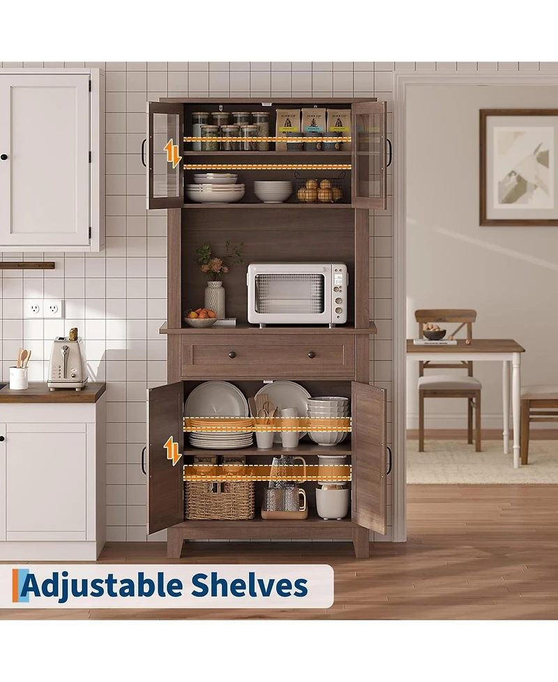 homfan 72" Farmhouse Coffee Bar Cabinet with Glass Doors, Drawer and Microwave Storage