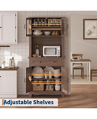 homfan 72" Farmhouse Coffee Bar Cabinet with Glass Doors, Drawer and Microwave Storage