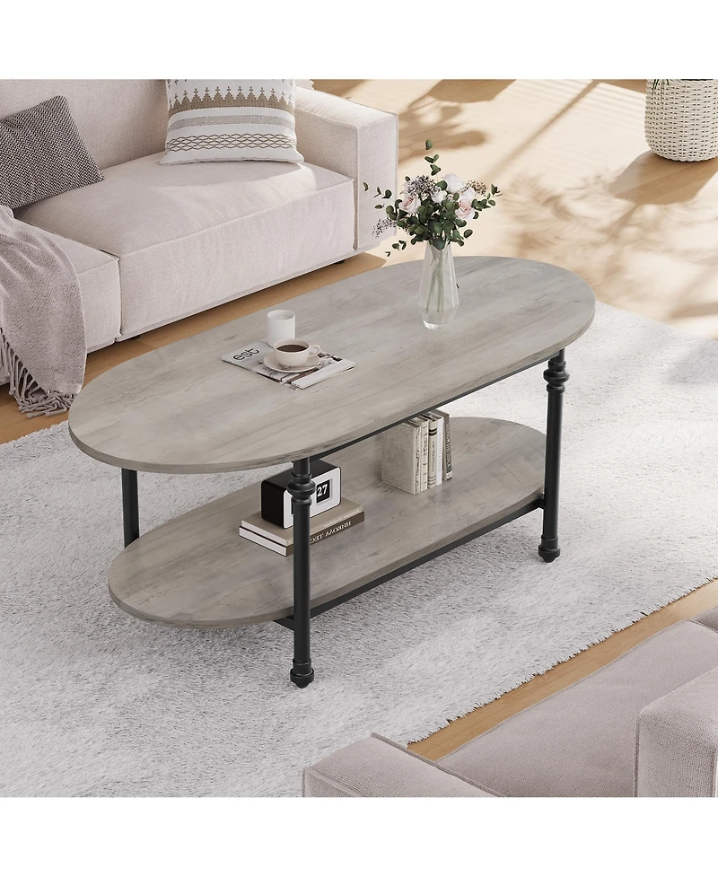 homfan Industrial Oval Coffee Table, 2-Tier Storage Design, Durable Engineered Wood Metal Frame Retro Living Room Furniture