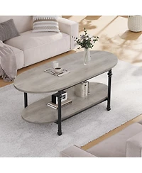 homfan Industrial Oval Coffee Table, 2-Tier Storage Design, Durable Engineered Wood Metal Frame Retro Living Room Furniture