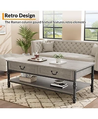 homfan 41" Rustic Rectangle Coffee Table with 2 Drawers and Open Shelf, Mid Century Retro Cocktail Table with Storage