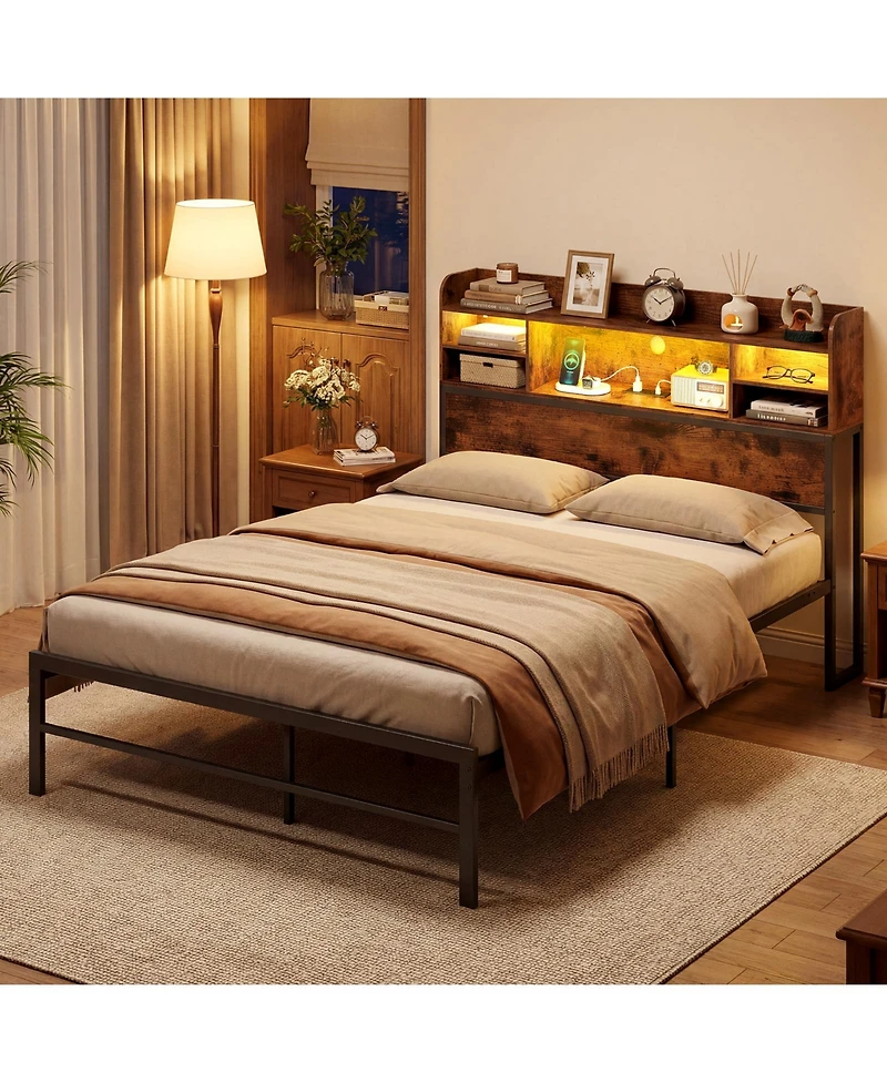 Gymax Full Size Bed Frame With Led Lights and Charging Station Industrial Metal Platform Bed