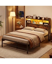 Gymax Full Size Bed Frame With Led Lights and Charging Station Industrial Metal Platform Bed
