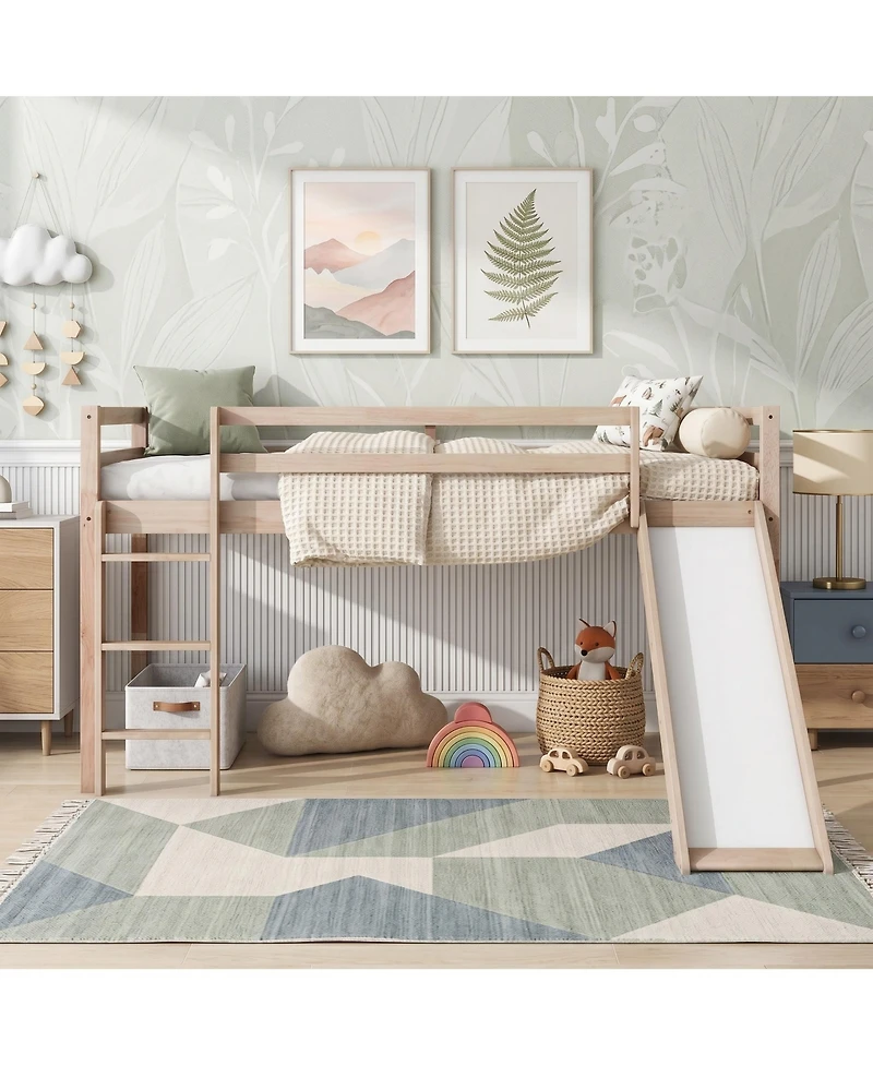 Sailvan Twin Low Loft Bed with Slide, Ladder, Safety Guardrails, Rubber Wood