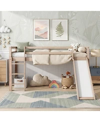 Sailvan Twin Low Loft Bed with Slide, Ladder, Safety Guardrails, Rubber Wood