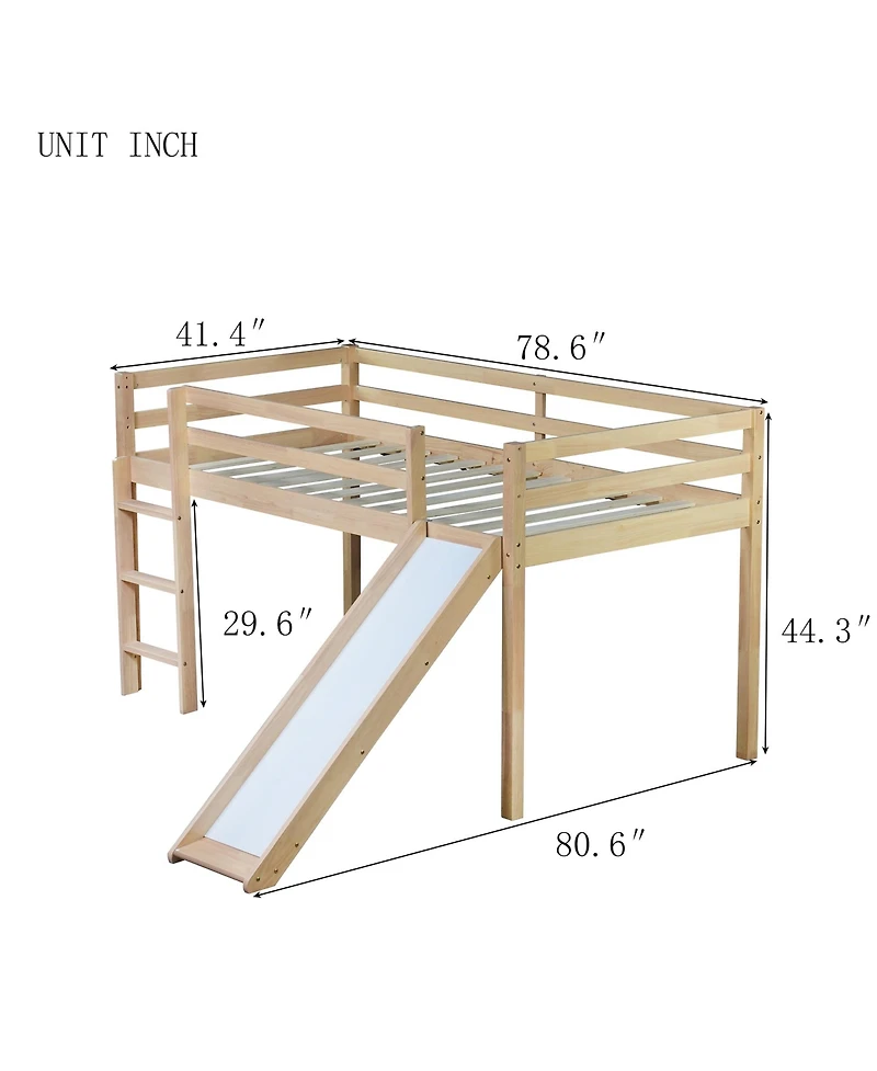 Sailvan Twin Low Loft Bed with Slide, Ladder, Safety Guardrails, Rubber Wood