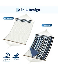 GarveeLife Double Outdoor Hammock Quilted Hammock with Spreader Bar and Removable Pillow Adjustable Steel Frame Cotton Rope and Polyester Pad