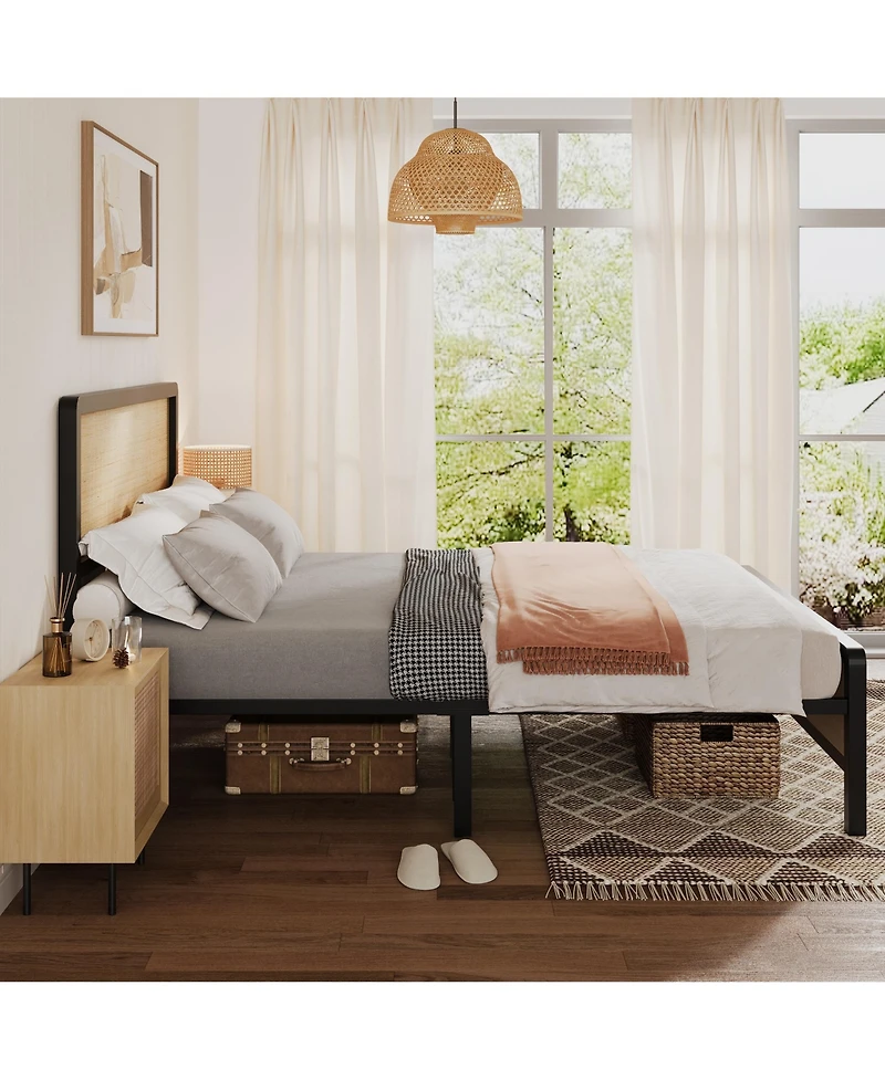 homfan Bed Frame with Storage Space Under The Bed, Bed Frame with Rattan Headboard and Footboard, Sturdy Platform Bed Frame, No Box Spring Needed