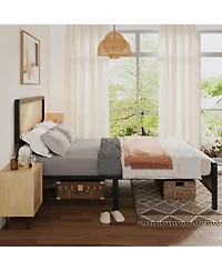 homfan Bed Frame with Storage Space Under The Bed, Bed Frame with Rattan Headboard and Footboard, Sturdy Platform Bed Frame, No Box Spring Needed