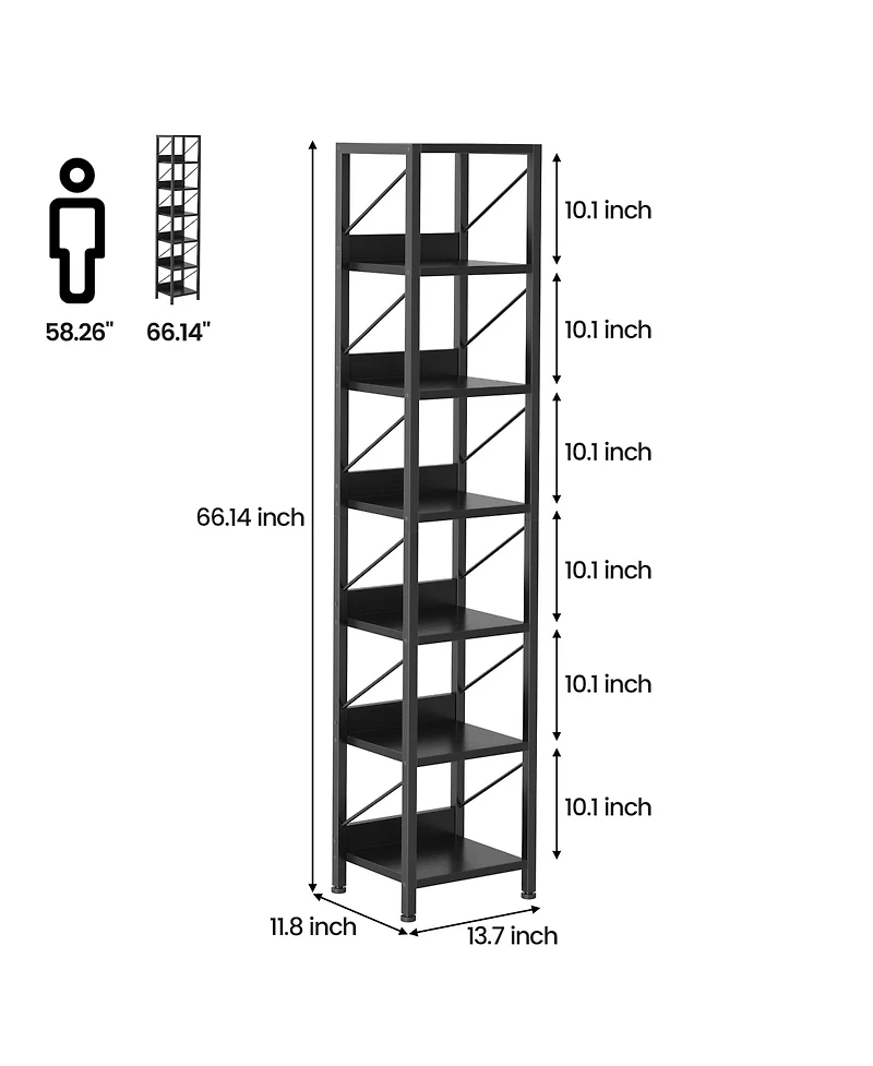 homfan 6 Tier Narrow Bookshelf Tall Skinny Bookcase with Metal Frame, Rustic Industrial Display Rack for Bedroom Living Room Home Office