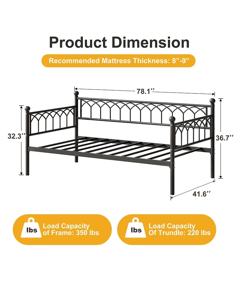 homfan Twin Size Daybed with Trundle, Black Metal Sofa Bed Frame with Steel Slat Support and 350 Lb Capacity for Living Room or Bedroom