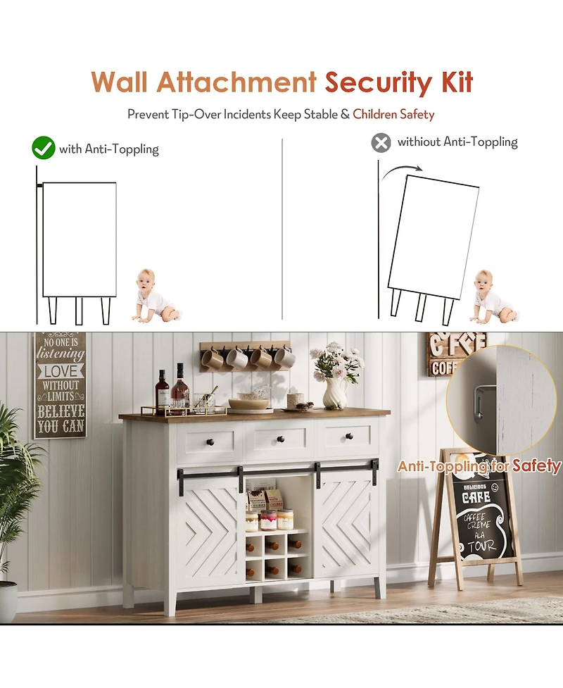 homfan Rustic Sideboard Cabinet Sliding Barn Door, 3 Drawers, Wine Rack and Adjustable Shelf for Dining Room or Living Room