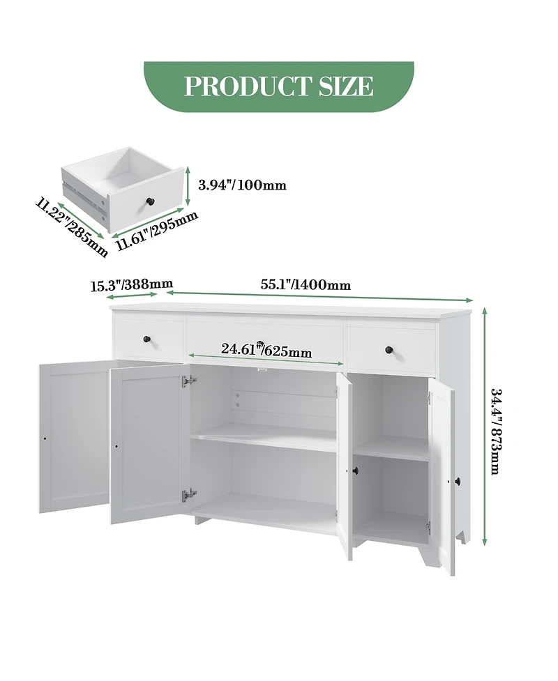 homfan 55" Buffet Cabinet Farmhouse Sideboard with 3 Drawers and 4 Doors, Coffee Bar Storage with Adjustable Shelf