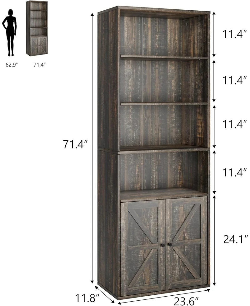 homfan 71.4" Tall Industrial Large Bookcase with Doors Floorstanding Shelving Unit with Storage Shelves for Living Room, Bedroom or Office